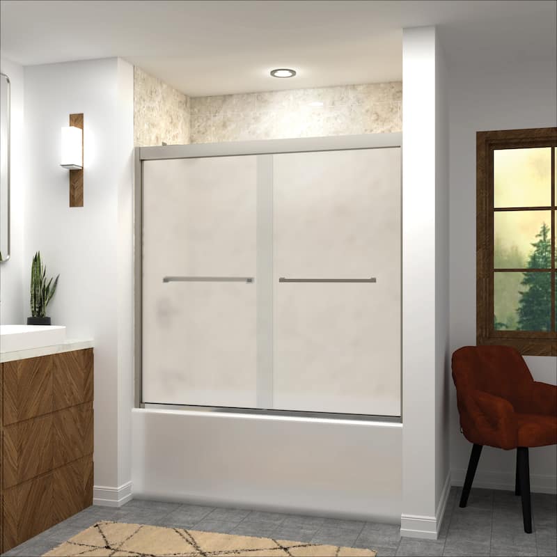 Frederick 59 in. W x 58 in. H Sliding Semi-Frameless Shower Door in Brushed Nickel with Frosted Glass - 60 x 58 - 60 x 58