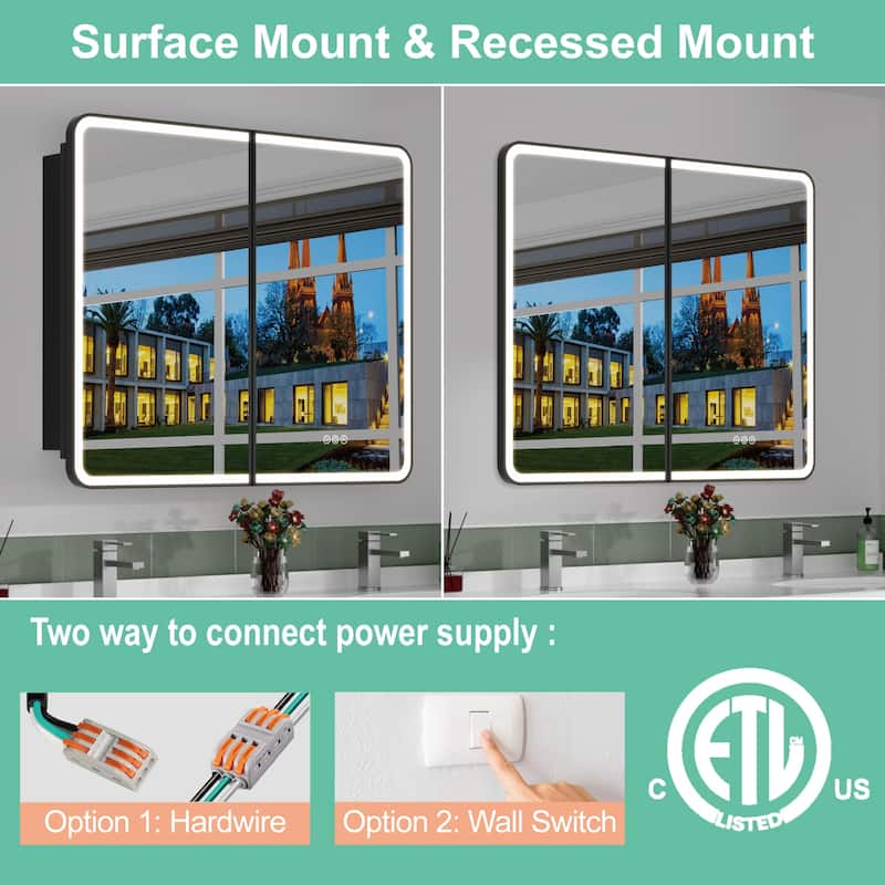 Milo LED Iron Medicine Cabinet with Mirror, Dimmable, Anti-fog, Adjustable Glass Shelves, Recessed or Surface Mount