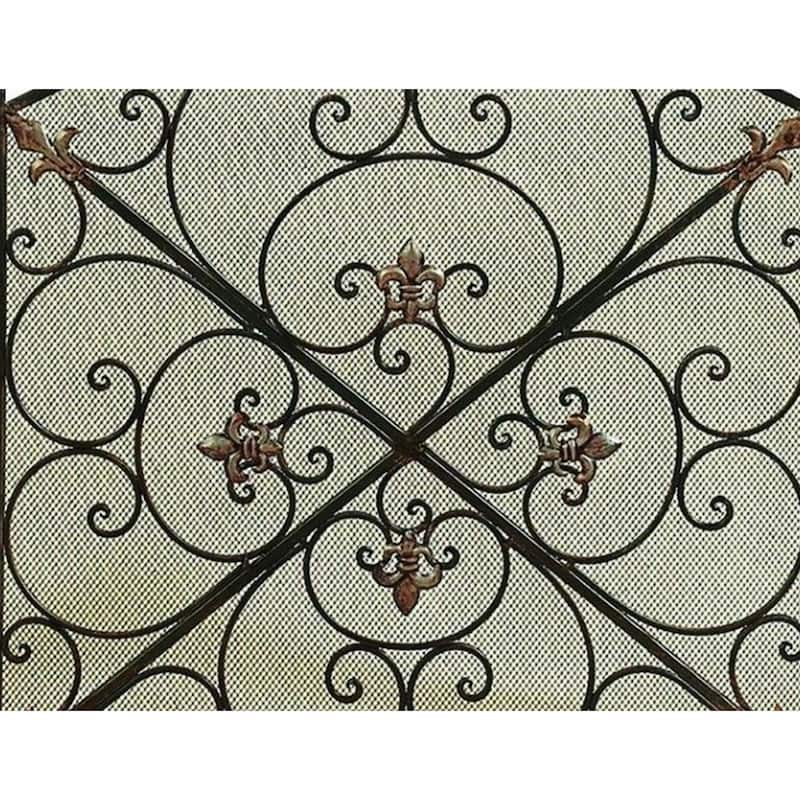 Traditional 3 Panel Metal Fire Screen With Filigree Design, Bronze, Black