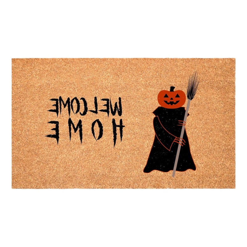 HomeRoots 17" X 29" Natural And Brown Spooky Pumpkin Welcome Home Outdoor Coir Door Mat - 17.00' X '29.00