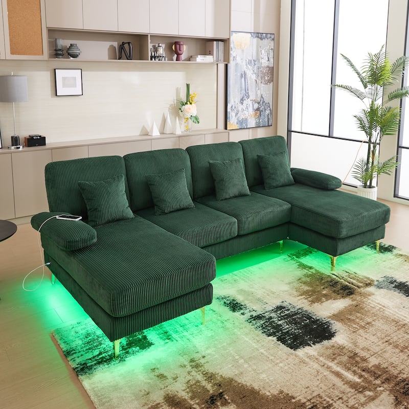HOMEFUN Corduroy Upholstered U-shaped Adjustable Light Modular Sectional Sofa With Type-C and USB ports