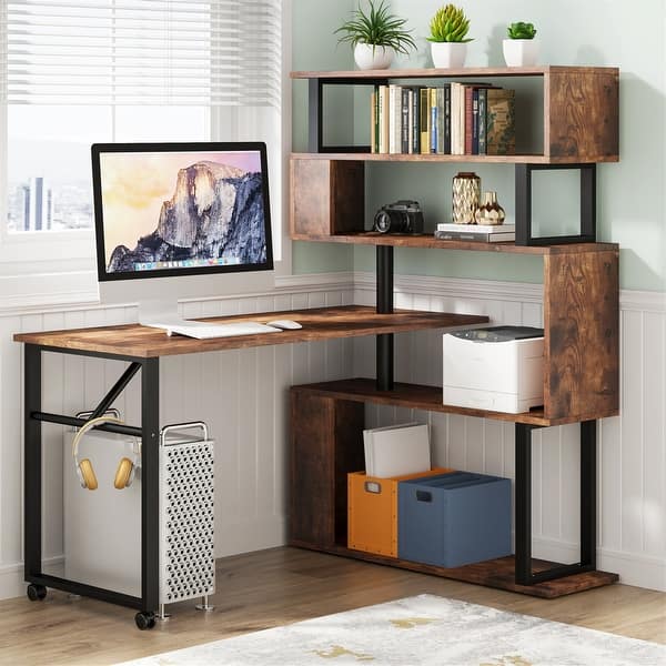 Brown/ Black Rotating L-Shaped Computer Desk, Corner Home Office