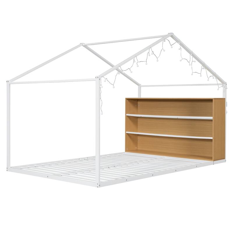 Full Size House Bed Frame with Metal Slats, Built-in Shelves, and LED Lights, Fun Playhouse Design for Kids