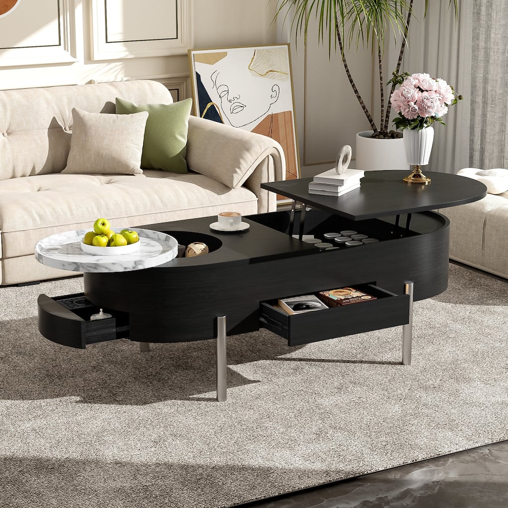 47.2" Lift Top Coffee Table with 360° Rotating Tray - Marble-Patterned Modern Oval Table with Hidden Compartment for Living Room