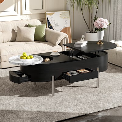 Lift Top Coffee Table with 360-Degree Marble-Patterned Rotating Tray,Hidden Compartment
