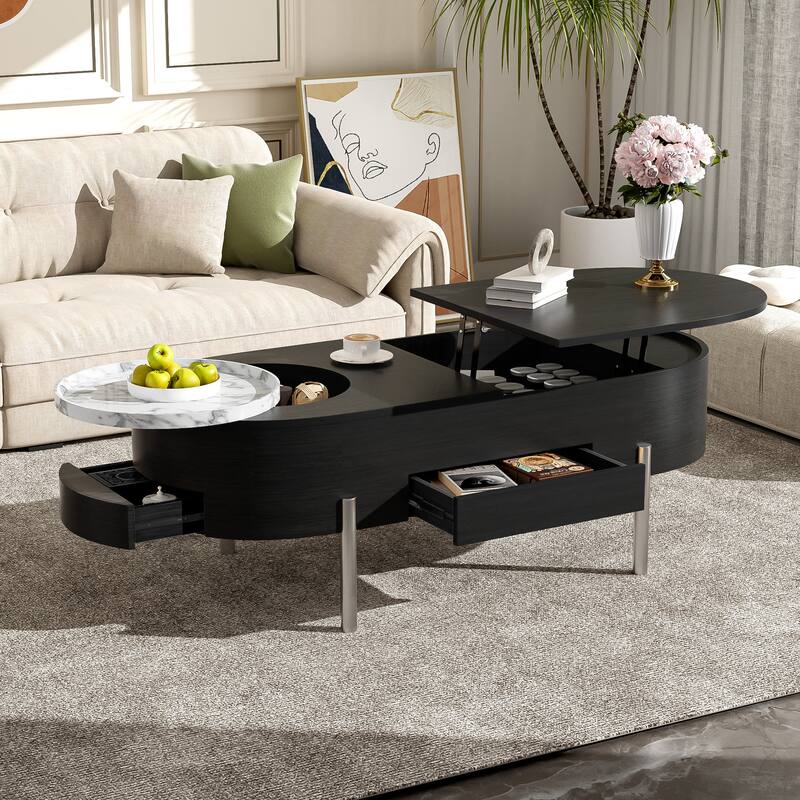 Lift-Up Marble Coffee Table with 360 Degree Rotating Tray 2 Hidden Compartments and 3 Drawers, for Family Living Room - Taupe