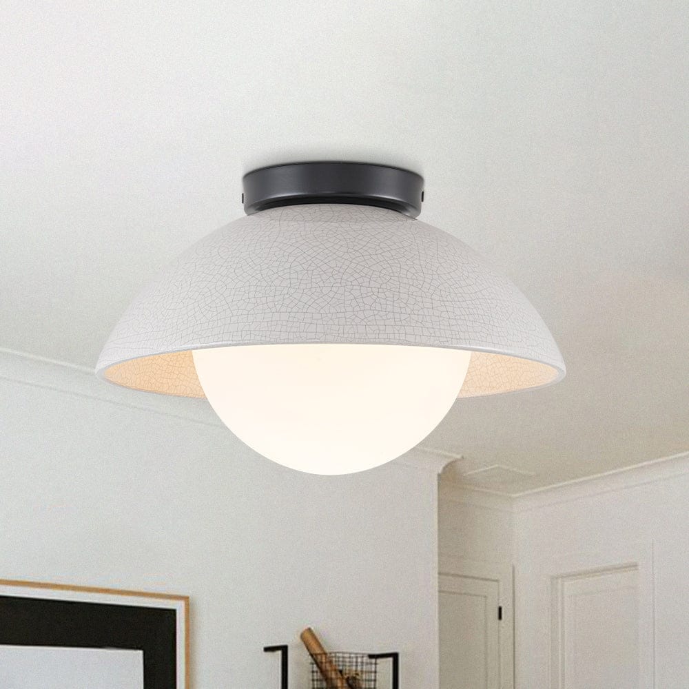 Modern 1-Light Dome Ceramic Semi Flush Mount With Glass Shade - 12.0 in