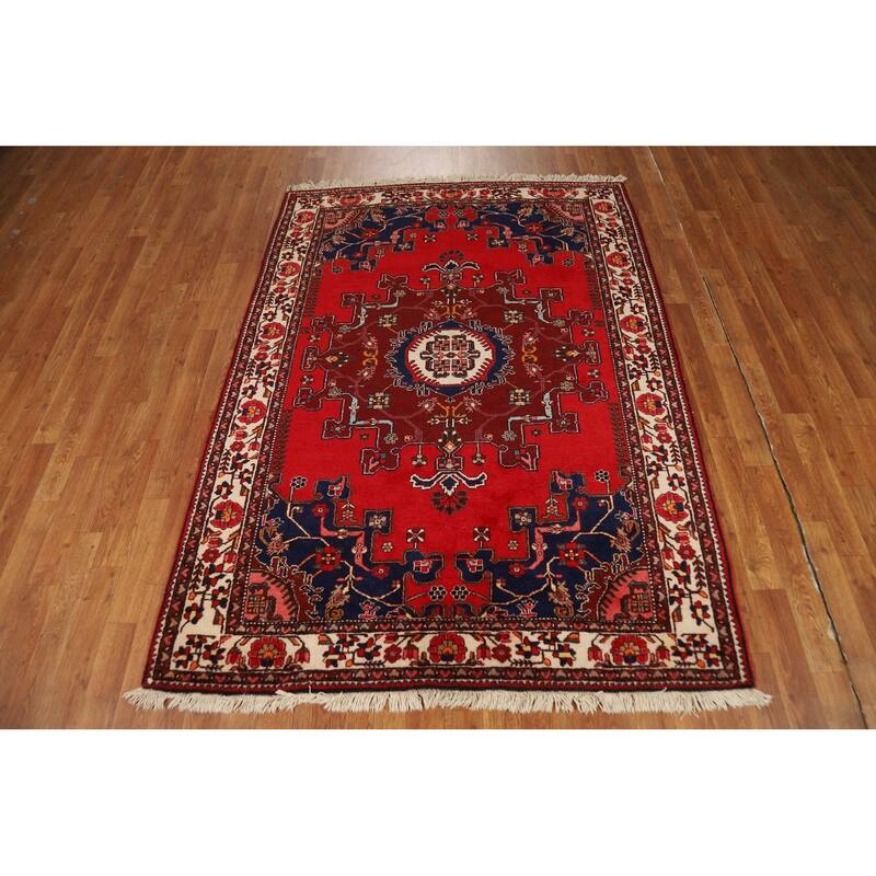Red Geometric Hamedan Persian Rug Handmade Wool Carpet - 4'8"x 6'4"