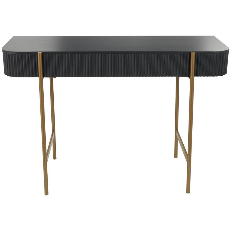 Black Wooden Rounded Rectangular Ribbed Living Room Console Table with Gold Metal Legs