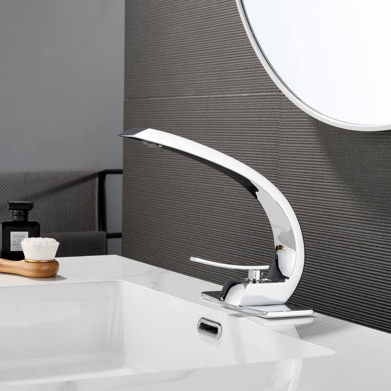 Modland C-Shaped Single Hole Bathroom Faucet, 500K Cycle CUPC Certified, 6-Inch Cover Plate, Black / Gold / Nickel / Chrome