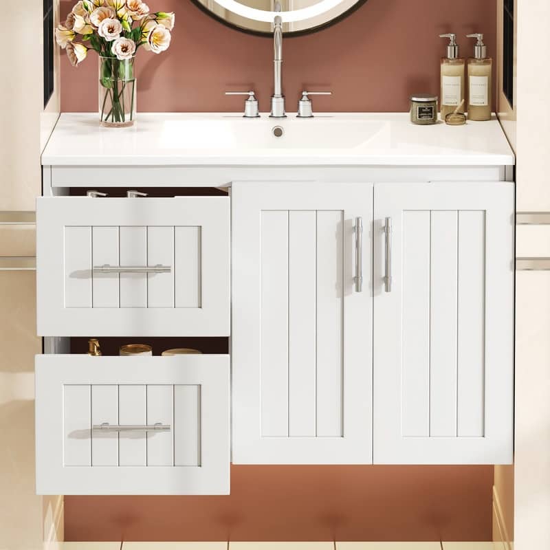 36" Wall Mounted Bathroom Vanity with 2 Drawers, 3 Holes Single Ceramic Sink