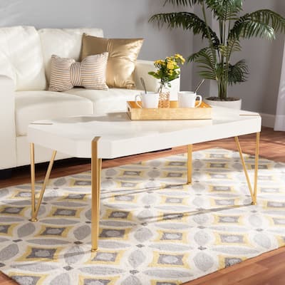 Kassa Glam Brushed Gold Metal and White Finished Wood Coffee Table