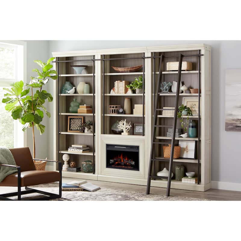 Three 8' Tall Bookcase Wall With Fireplace and Ladder, Storage Organizer, Display Shelf for Office, Black