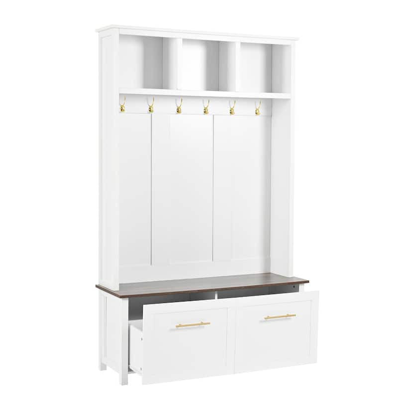 Hall Tree with 2 Storage Drawers, Versatile Coat Rack with 6 Hooks, Entryway Bench with Top Open Storage Shelf