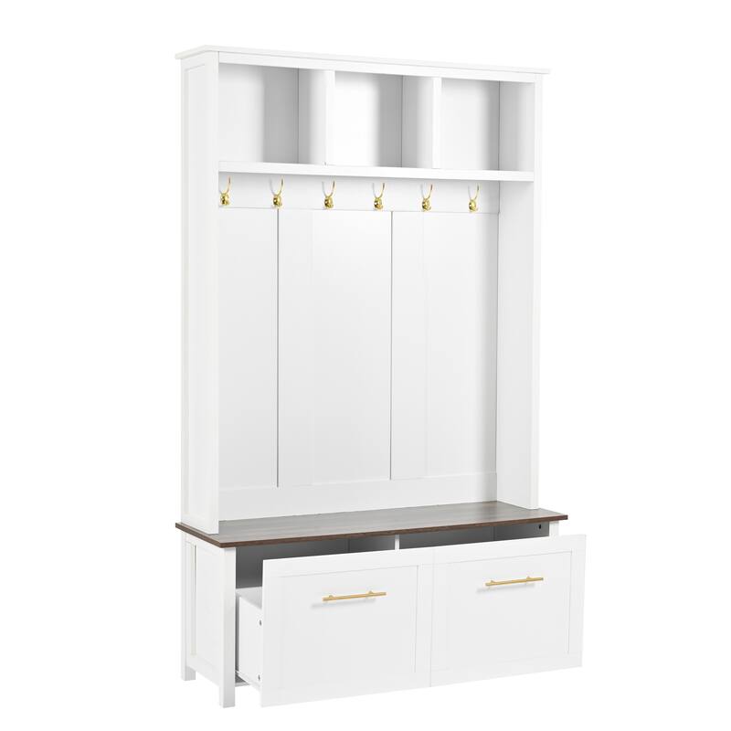 Roomfitters Mudroom 4-in-1 Hall Tree with Storage Bench, Versatile Coat Rack with 6 Golden Hooks and Multiple Storage Sections