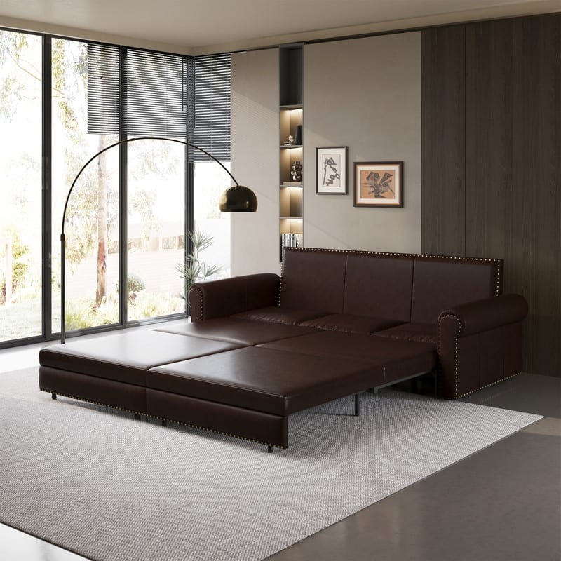 3-in-1 King Pull Out Sofa Bed Chesterfield Sofa, Velvet/Faux Leather Convertible Sleeper Sofa with Nailhead Trim & Rolled Arm