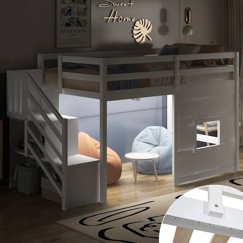 Twin Size Loft Bed with Storage Staircase, Window, and LED Light, White - White