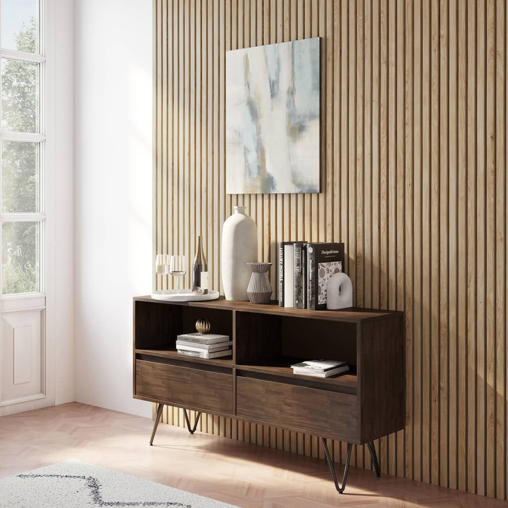 WYNDENHALL Saylor SOLID ACACIA WOOD and Metal 30x54 inch Rectangle Modern Industrial Low Bookcase in Rustic Natural Aged Brown