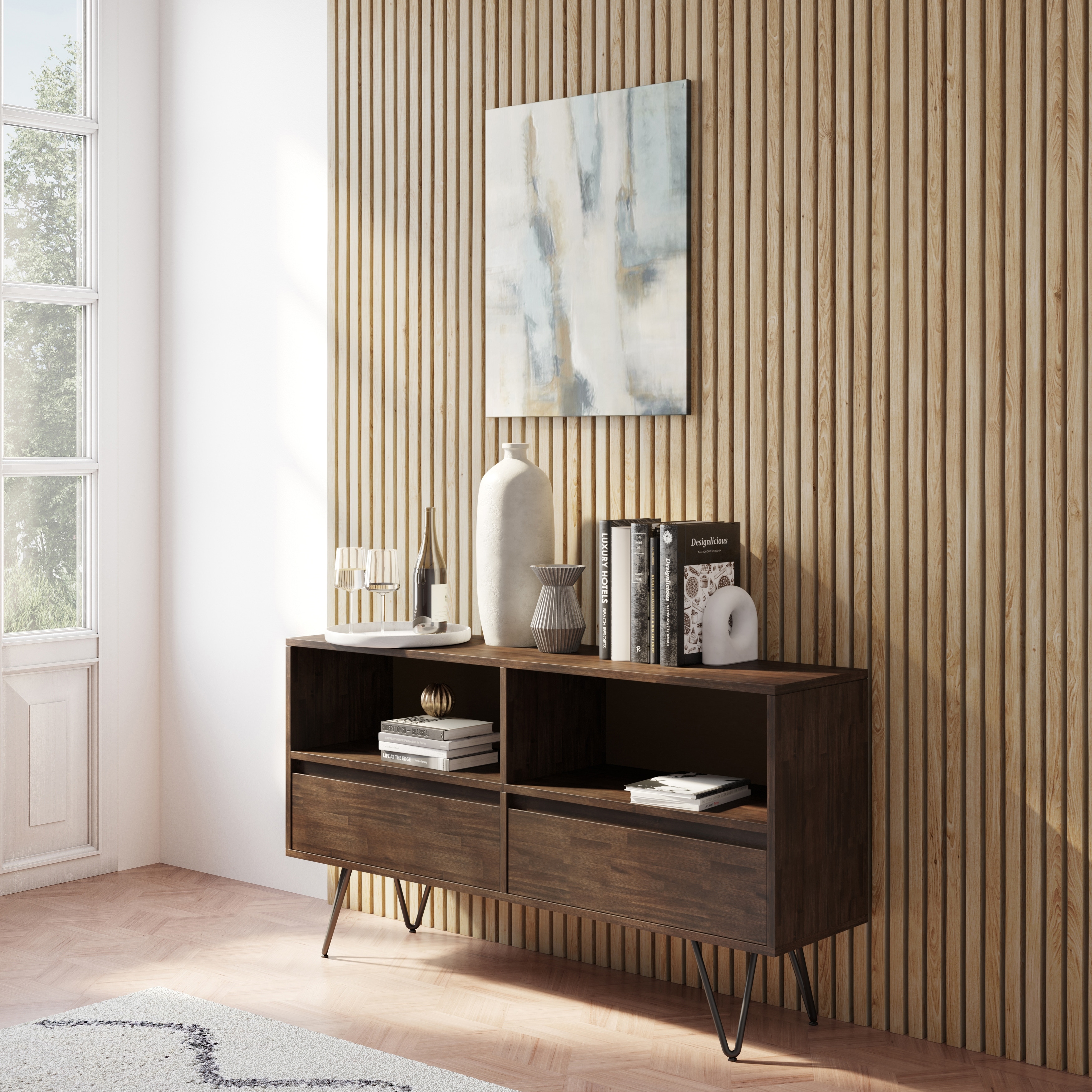 WYNDENHALL Saylor SOLID ACACIA WOOD and Metal 30x54 inch Rectangle Modern Industrial Low Bookcase in Rustic Natural Aged Brown
