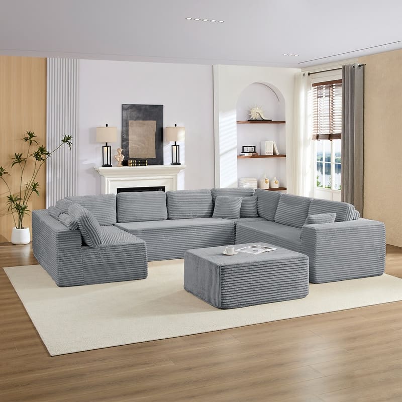 Corduroy 141'' Deep Seat Modular Sectional Sofa, Modern 8-Seater U-Shape Sofa Couch with Moveable Ottoman