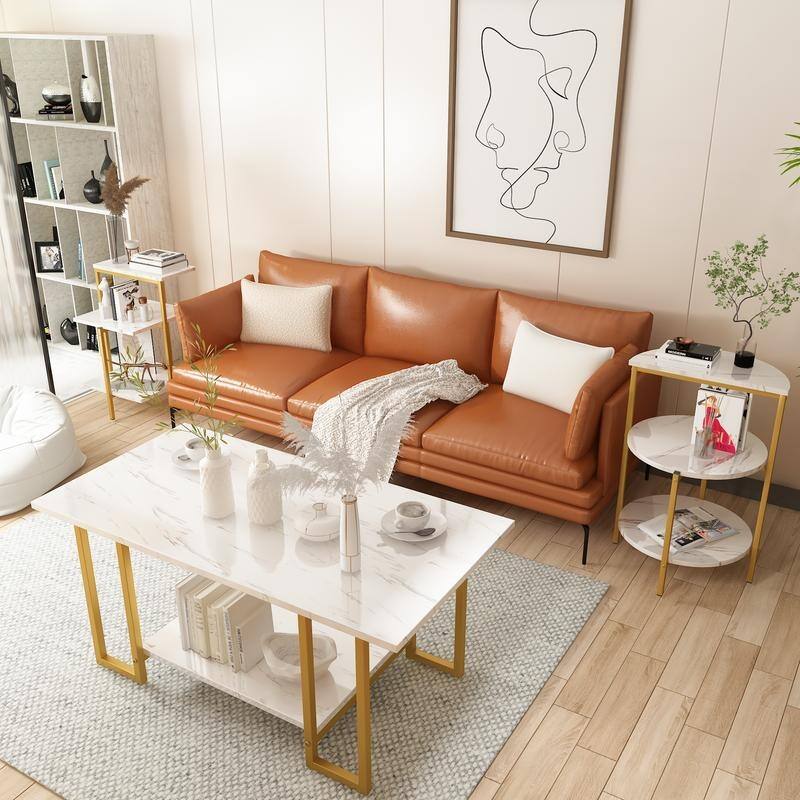 3 Pieces Faux Marble Coffee Table Set with 1 Coffee Table and 2 End Tables, Modern Sofa Side Table with Shelf, Cocktail Table