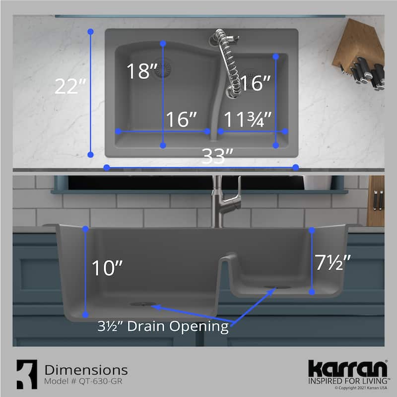 Karran Drop-In Quartz 33 in. 1-Hole 60/40 Double Bowl Sink - 33" x 22" x 10" - 33" x 22" x 10"