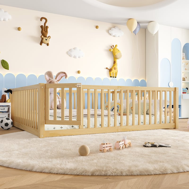 Montessori Floor Bed with Safety Guardrails & Door, Kids Low Profile Frame, Available in Queen/Full/Twin
