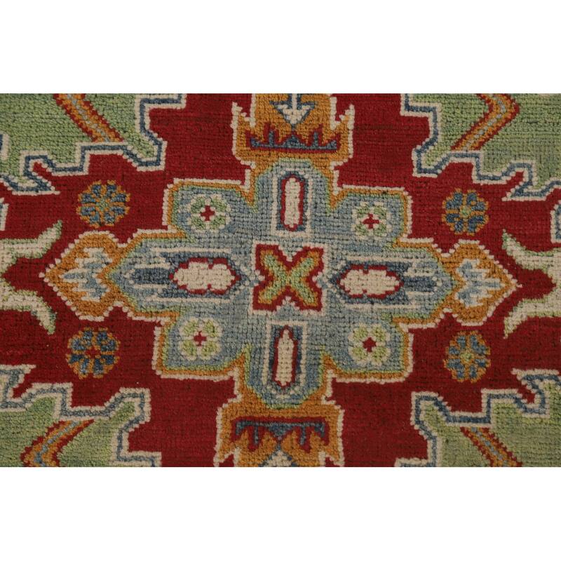 Light Green Geometric Kazak Area Rug Handmade Wool Carpet - 5'0" x 7'0"