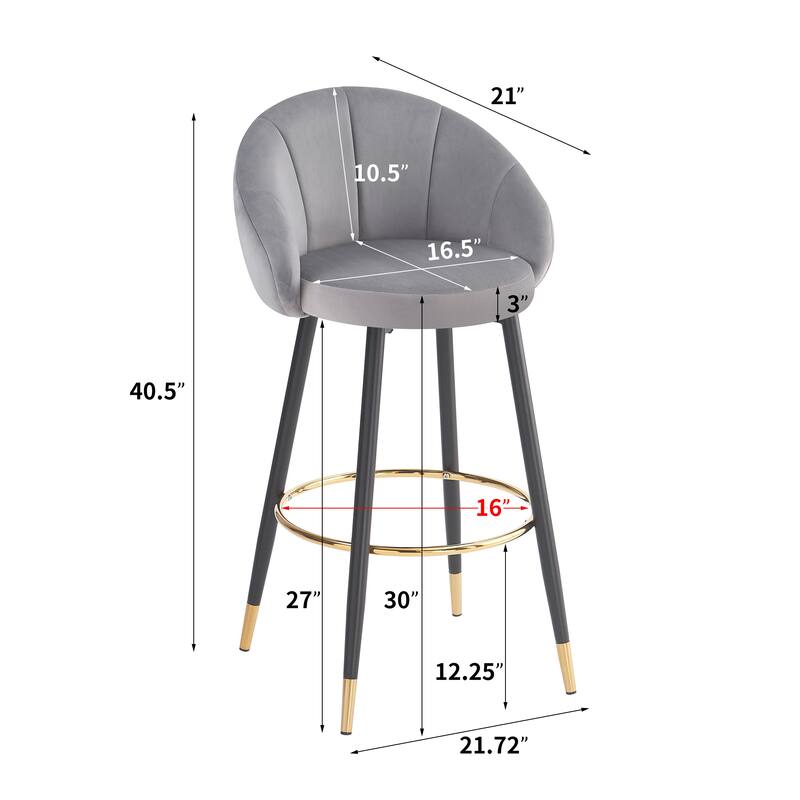 Roomfitters High Back Velvet Bar Stools with Gold Metal Legs, Modern Luxury, Gray Set of 2