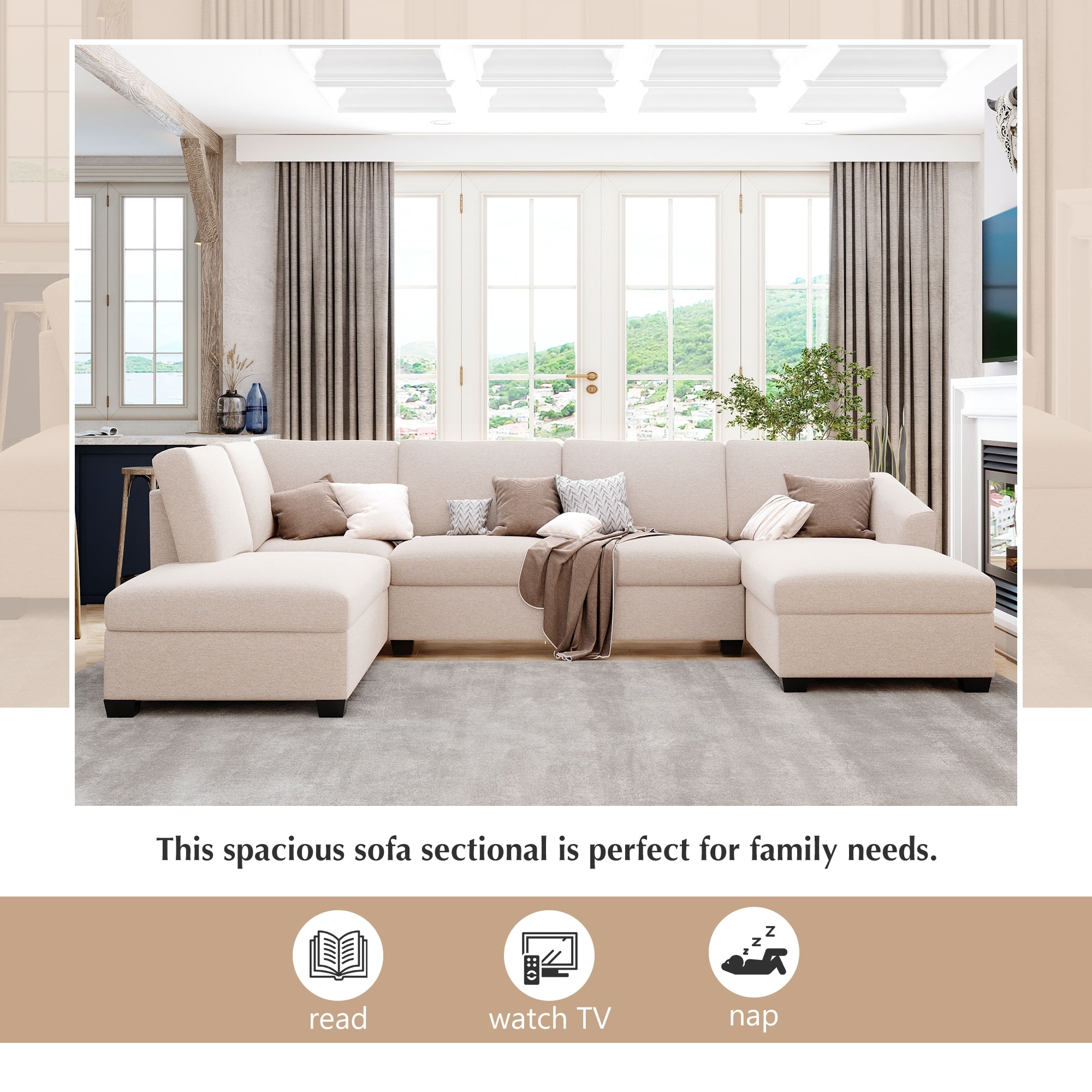 Modern 4 Seat U Shape Sectional Sofa with Double Chaise Lounge
