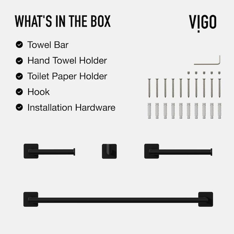 VIGO Satro 4-Piece Bathroom Hardware Accessory Set with 24 in. Towel Bar, Toilet Paper Holder, Hand Towel Holder, Hook