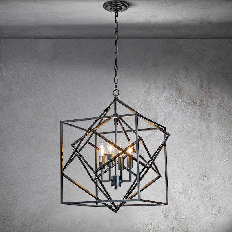 CraftHome 4- Light Matte Black Geometric Chandelier Modern Lighting Fixture Metal Caged Industrial Ceiling Light - W22''