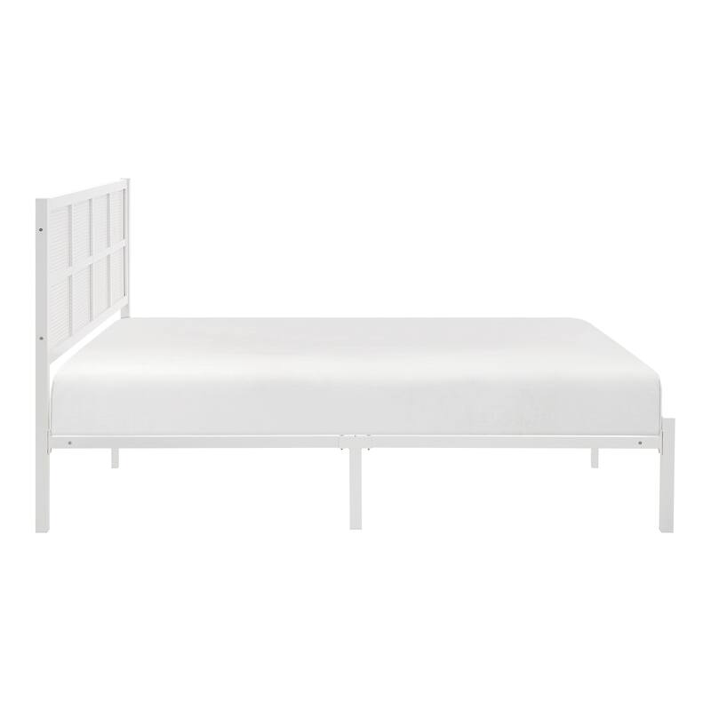 White Metal Platform Bed with Faux Cane Headboard, Eastern King Size, No Box Spring Needed