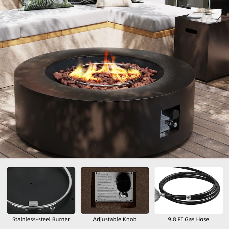 Patio Watcher Outdoor Brown Iron Fire Pit Table with Metal Lid and Propane Tank Cover，Glass Wind Guard Option