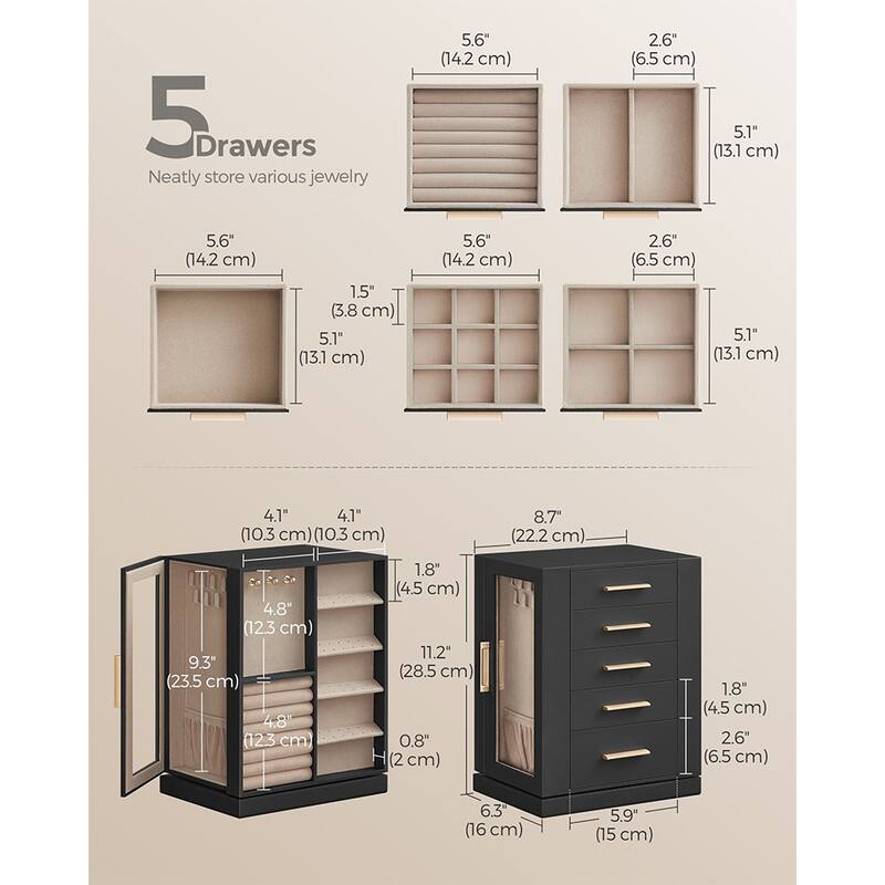 360 Degree MDF Rotating Jewlery Box with 5 Drawers and Metal Handles Perfect for Birthday or Anniversary