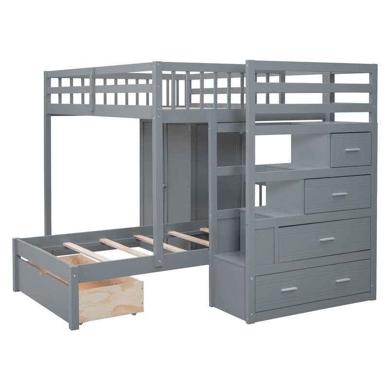 Full Over Twin Bunk Bed with Wardrobe and Drawers in Gray