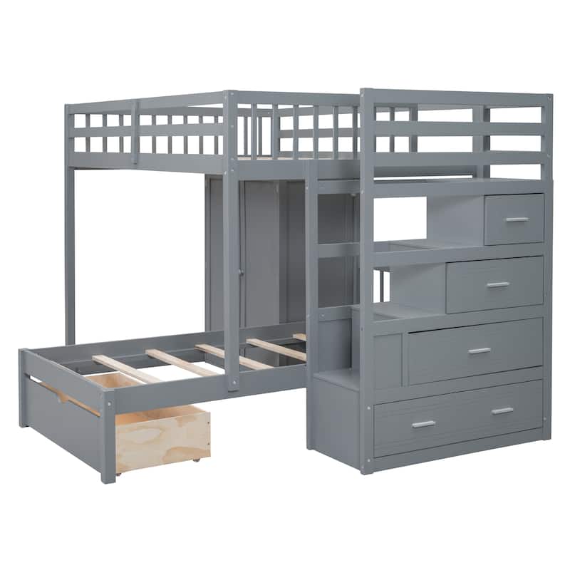 Gray Full over Twin Solid Wood Bunk Bed with Wardrobe