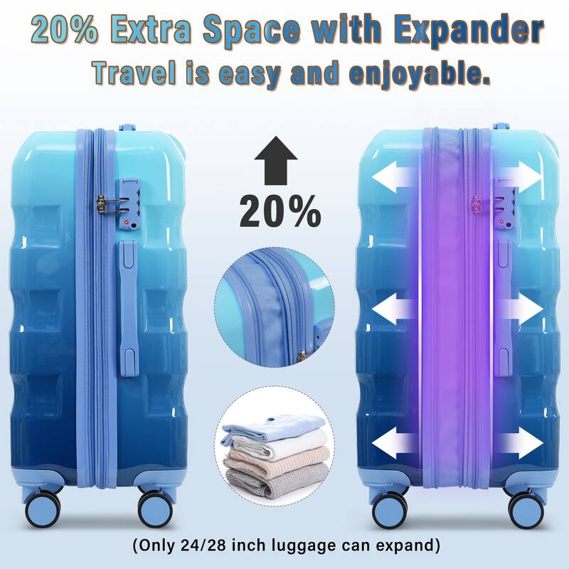 3-Piece, 20, 24, 28-Inch Modern Expandable Hard-Shell Luggage with Spinner Wheels and TSA Lock, for Boarding Travel, Blue