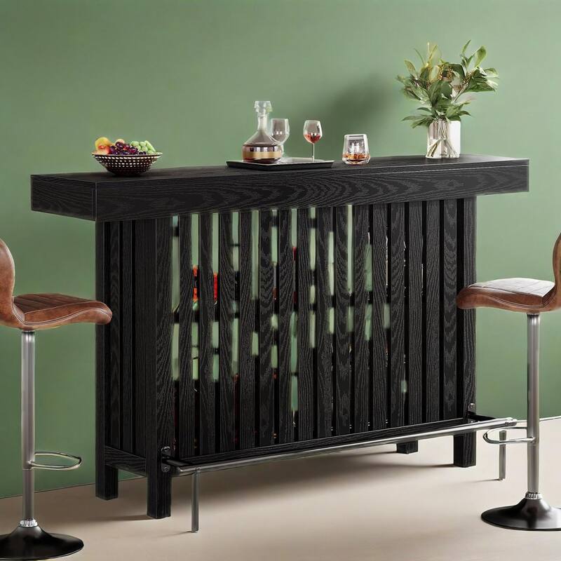 Modern Black MDF Home Bar Table with Storage Shelves and Footrest for Dining Room - 62.99”L x 15.75”W x 41.53”H