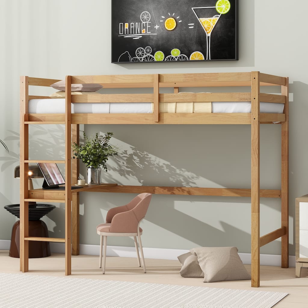 Twin Loft Bed with Built-in Desk, Safety Guardrail, and Ladder, White Oak Finish