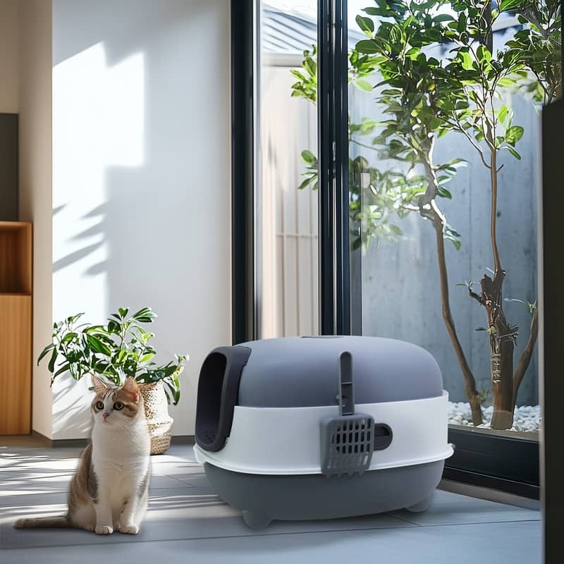 XXL Enclosed Cat Litter Box Oval Front Entry Cat Toilet Tray with Scoop - 13.4x22x15 inch