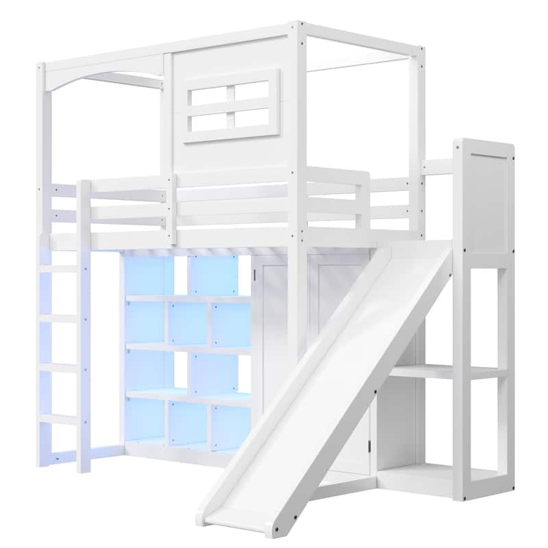 White Twin Size Wood Loft Bed with Slide, Wardrobe, Storage Shelves, LED Light, and House Frame