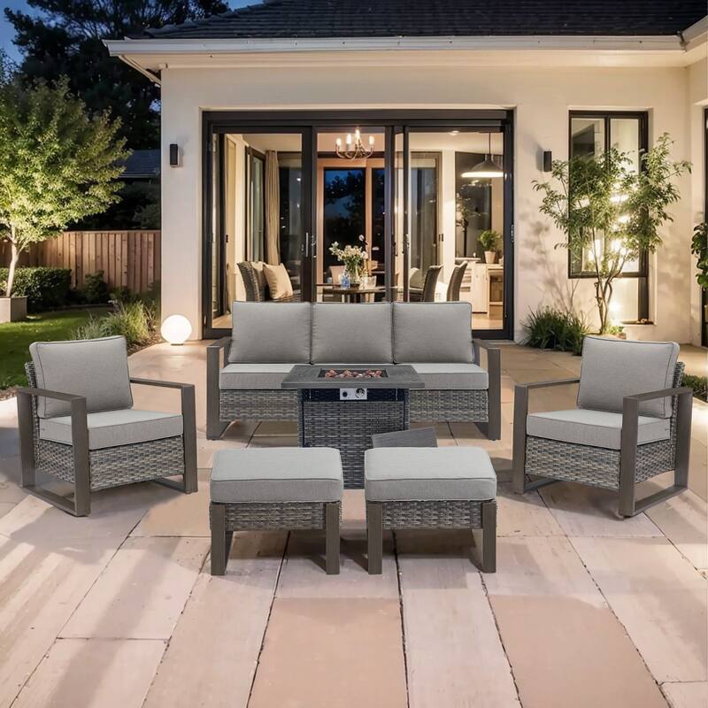 Pocassy Outdoor 30" Fire Pit Table with Sofa Swivel Chair Set - Grey Wicker Gray Cushion - 6-Piece Sofa Patio Chair Ottoman with Fire Table