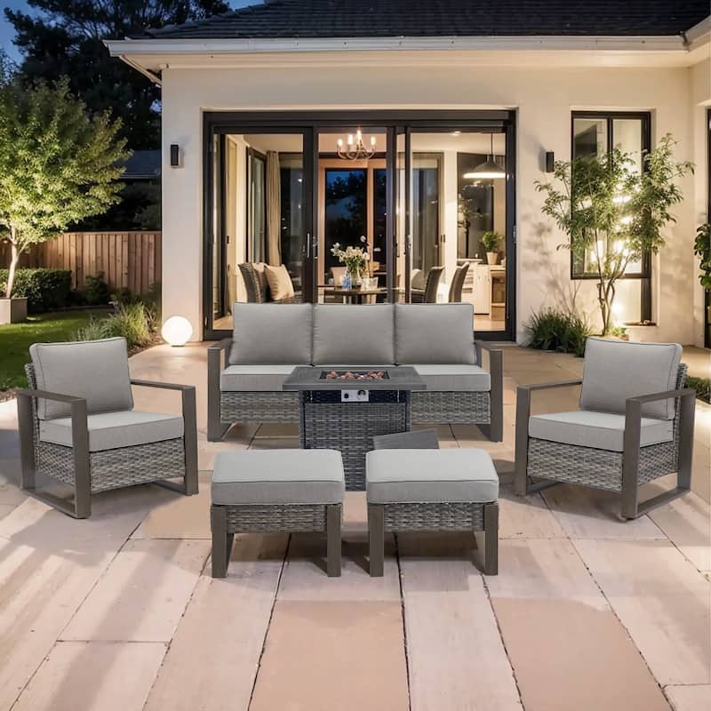 Pocassy Outdoor Fire Pit with 3-Seat Sofa Club Chairs Patio Furniture Set - Grey Wicker Gray Cushion - 6-Piece Sofa Patio Chair Ottoman with Fire Table