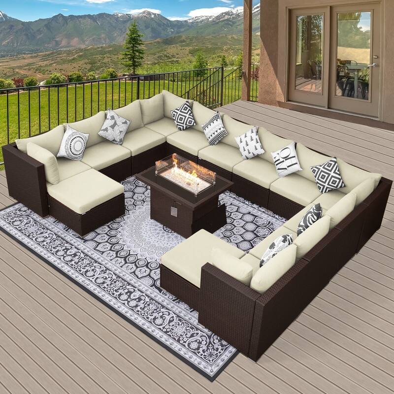 15-Piece Outdoor Wicker Modular Sectional with 43" CSA Fire Pit Table - Beige