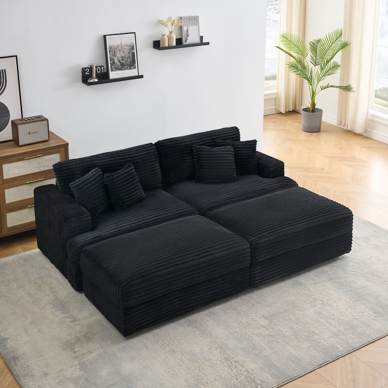 Corduroy Sleeper Sectional Sofa Loveseat Couch with 2 Storage Ottomans