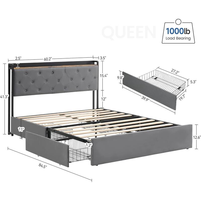 Queen Grey Bed Frame with 4 Storage Drawers and Charging Station,with Storage Headboard