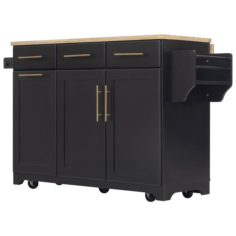 59.3" Rolling Kitchen Island with Storage 2 Pull Out Cabinet Organizers & Rubber Wood Drop Leaf,Trash Can Storage,Power Outlet