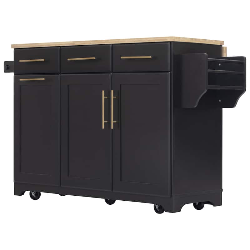 59.3" Rolling Kitchen Island with Storage and Pull-Out Organizers Rubber Wood Drop Leaf Rolling Design for Versatile Use