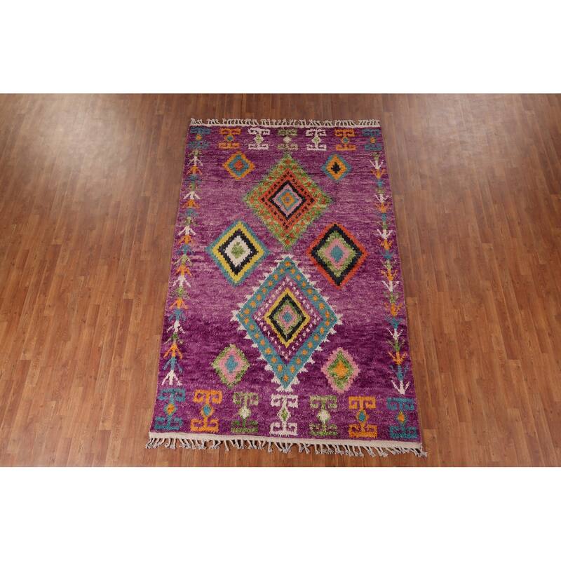 Purple Geometric Plush Moroccan Area Rug Hand-Knotted Wool Carpet - 6'0" x 9'7"